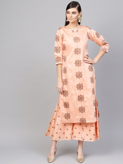 

Libas Women Peach-Coloured & Brown Embroidered Kurta with Palazzos
