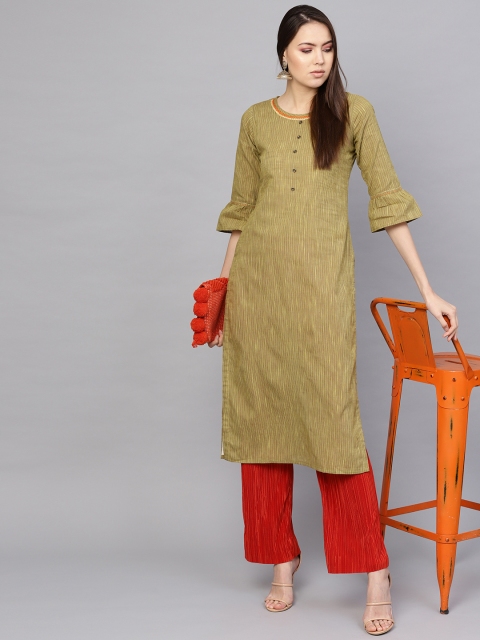 

Libas Women Olive Green Striped Straight Kurta