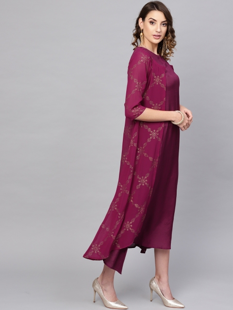 

Libas Women Aubergine Layered Solid A-Line Dress, Purple