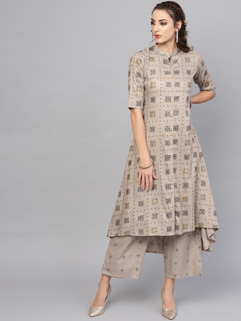 

Libas Women Taupe & Navy Blue Printed Kurta with Palazzos