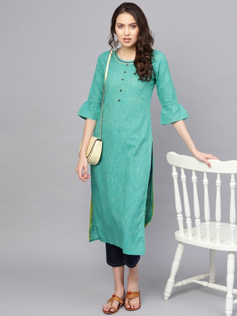 

Libas Women Green Self-Striped Straight Kurta