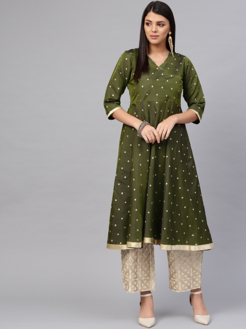 

Libas Women Olive Green & Off-White Woven Design Angrakha Kurta with Palazzos