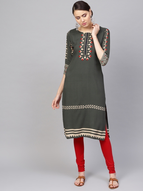

Libas Women Olive Green & Beige Printed Straight Kurta