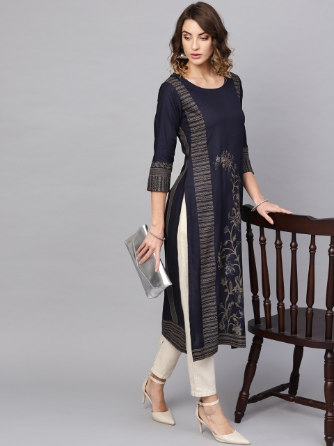 

Libas Women Navy Blue & Golden Block Print Straight Kurta