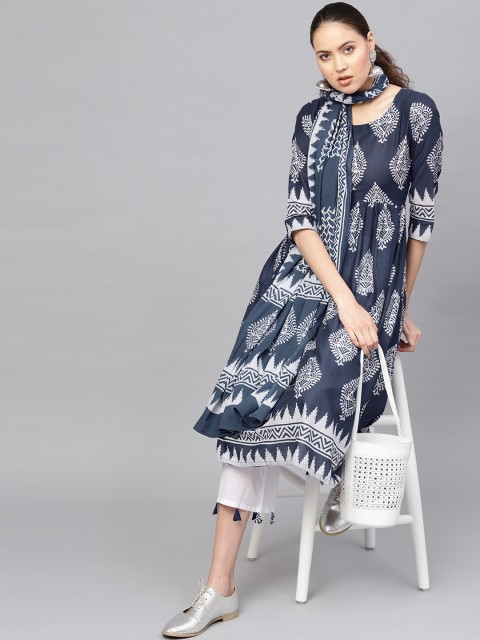 

Libas Women Navy Blue & Off-White Printed Kurta with Trousers & Dupatta