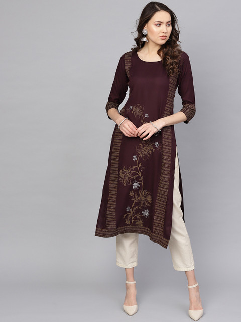 

Libas Women Aubergine & Brown Block Print Straight Kurta, Purple