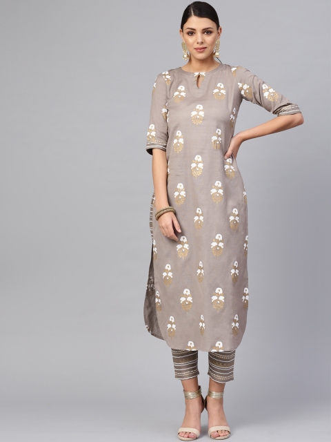 

Libas Women Taupe & Golden Block Print Kurta with Trousers