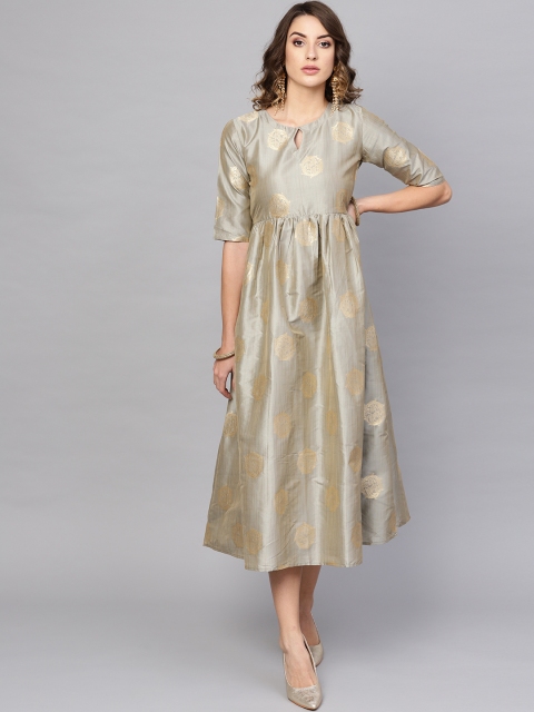 

Libas Women Grey and Golden Self Design Empire Dress