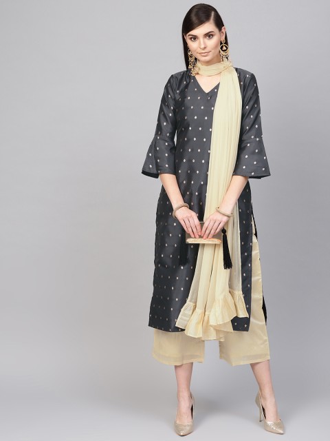 

Libas Women Charcoal Grey & Beige Embroidered Kurta with Palazzos & Dupatta