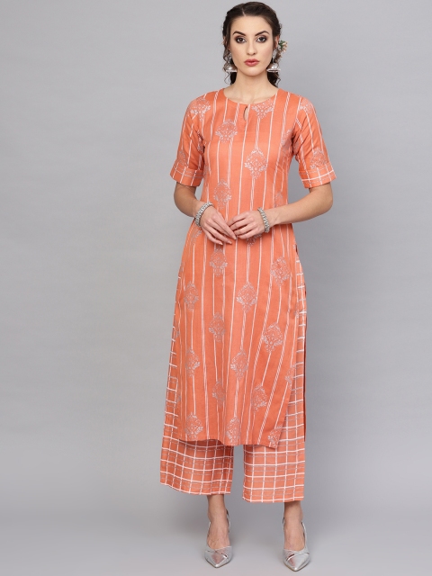 

Libas Women Peach-Coloured & White Block Print Kurta with Palazzos