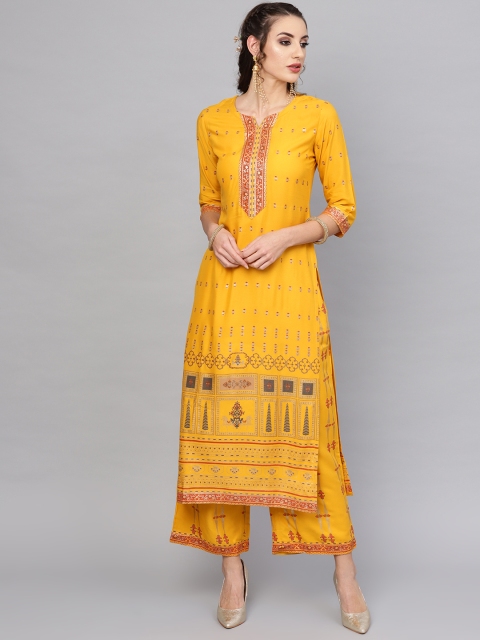 

Libas Women Mustard Yellow & Rust Orange Block Print Kurta with Palazzos