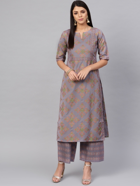 

Libas Women Grey & Pink Block Print Kurta with Palazzos