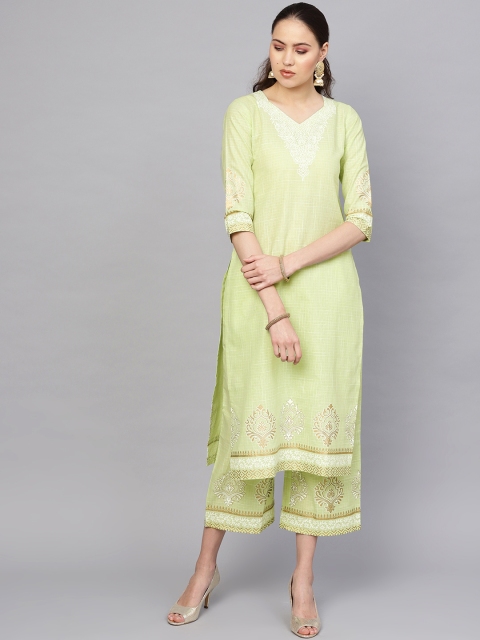 

Libas Women Green & Off-White Block Print Detail Kurta with Palazzos