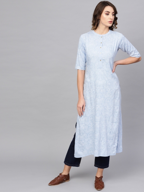 

Libas Women Blue & White Printed Straight Kurta