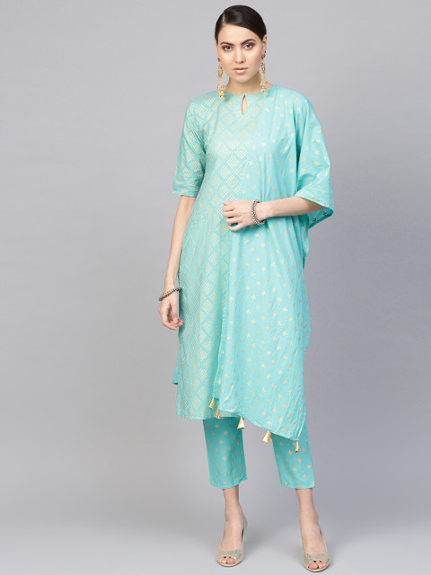 

Libas Women Sea Green & Golden Printed Kurta with Trousers & Dupatta