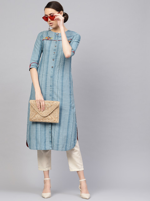

Libas Women Blue Striped Straight Kurta