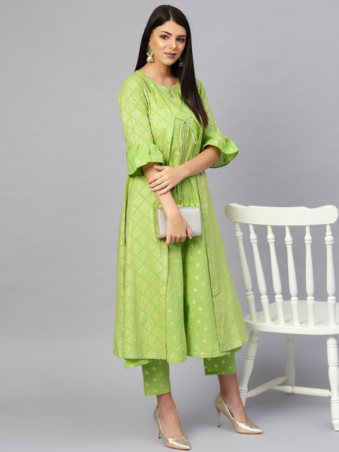 

Libas Women Green & Golden Block Printed Kurta with Trousers