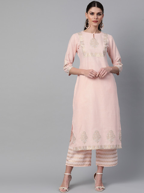 

Libas Women Pink & Golden Block Print Yoke Design Kurta with Palazzos