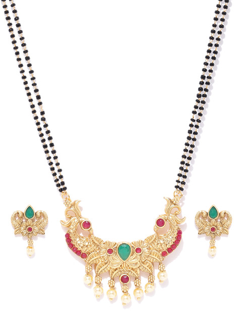 

Priyaasi Green & Black Matte Gold-Plated Stone-Studded Mangalsutra & Earrings Set