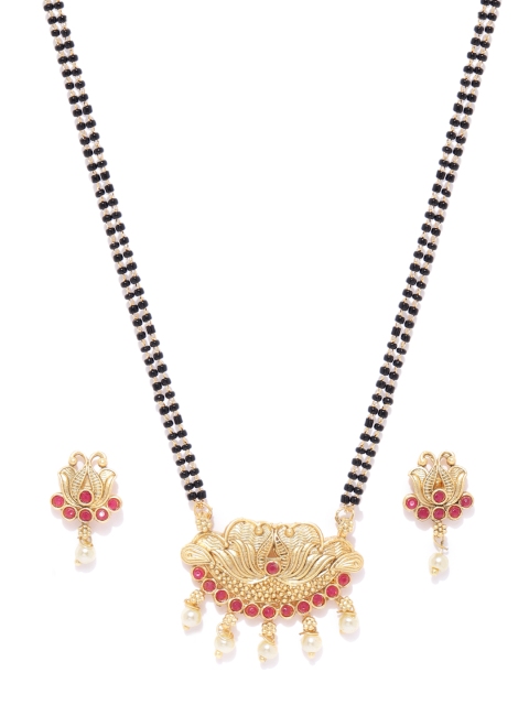 

Priyaasi Red & Black Matte Gold-Plated Stone-Studded Mangalsutra & Earrings Set
