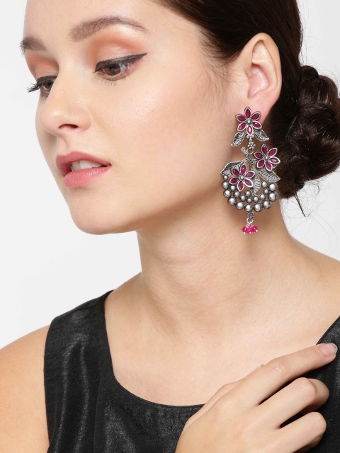 

Priyaasi Magenta Silver-Plated German Silver Stone Studded Oxidised Floral Drop Earrings
