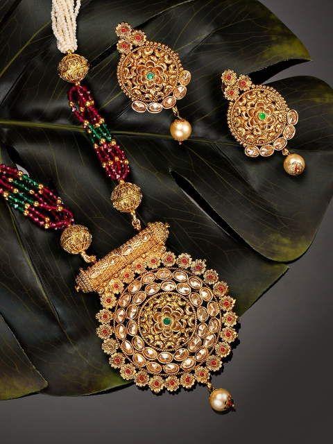 

Priyaasi Off-White & Maroon Gold-Plated Stone Studded & Beaded Jewellery Set