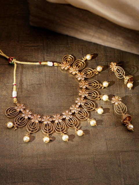 

Priyaasi Off-White Antique Gold-Plated Stone-Studded & Beaded Floral Jewellery Set