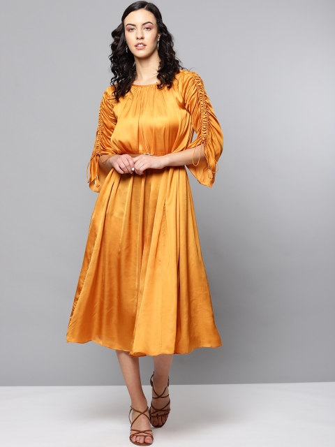 

Ritu Kumar Women Solid Mustard Yellow A-Line Dress with Satin Finish