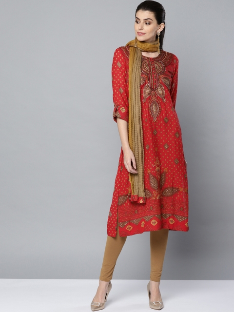 

Ritu Kumar Women Red & Beige Printed Kurta with Churidar & Dupatta