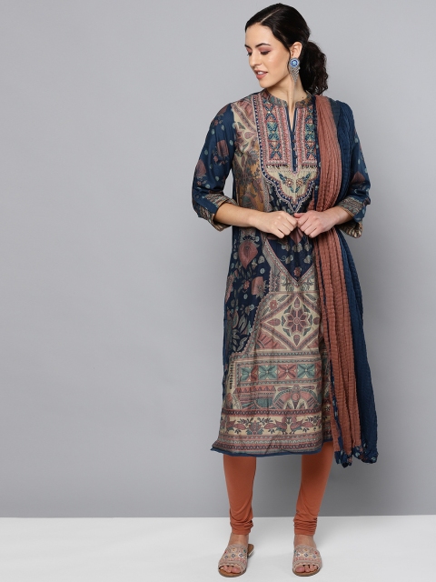 

Ritu Kumar Women Navy Blue & Brown Printed Kurta with Churidar & Dupatta