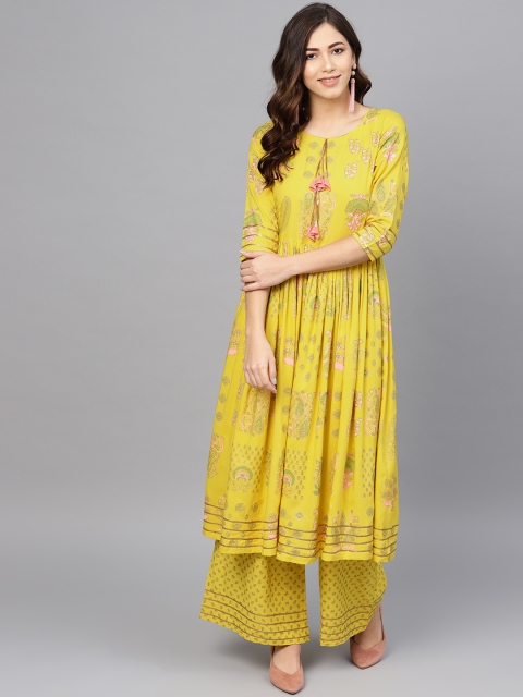 

Ahalyaa Women Yellow & Pink Printed Kurta with Palazzos