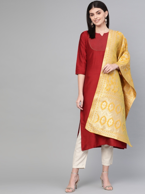 

Varanga Women Maroon Yoke Design Straight Kurta with Dupatta