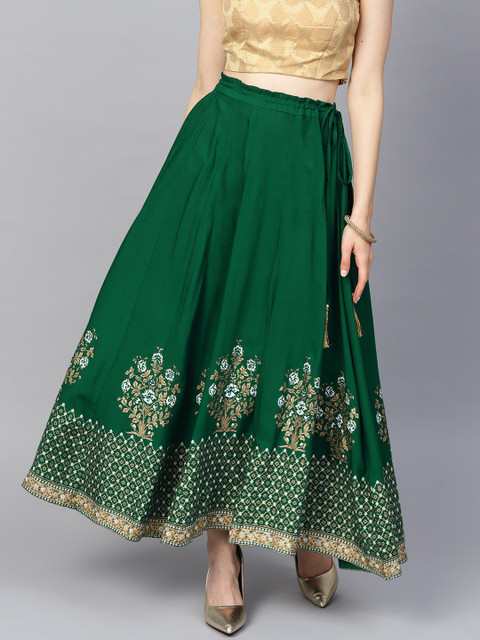 

Varanga Women Green & Golden Khadi Print Flared Maxi Skirt