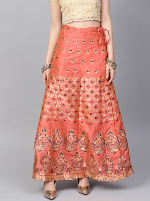 

Varanga Women Coral Orange & Golden Banarasi Silk Self-Design Flared Maxi Skirt