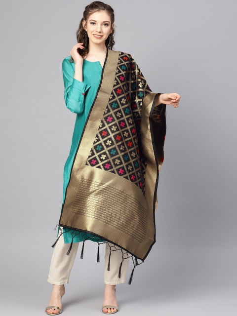 

SUTRAM Black & Golden Zari Woven Design Banarasi Dupatta