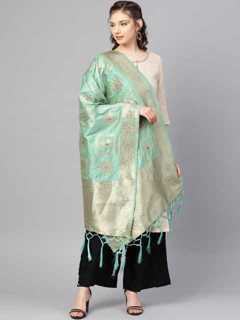 

SUTRAM Sea Green & Golden Zari Work Banarasi Dupatta