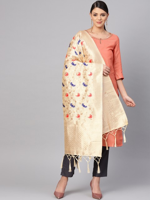 

SUTRAM Cream-Coloured & Golden Zari Woven Design Banarasi Dupatta