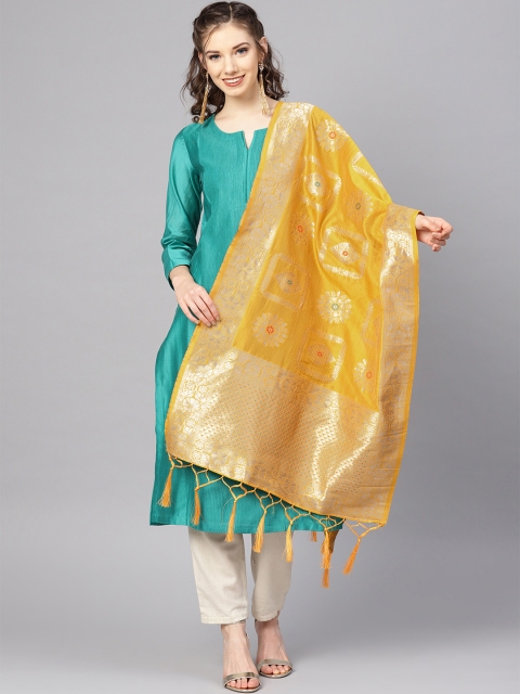 

SUTRAM Mustard Yellow & Golden Zari Woven Design Banarasi Dupatta