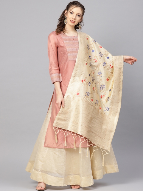 

SUTRAM Cream-Coloured & Golden Zari Work Banarasi Dupatta