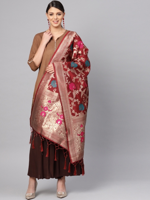 

SUTRAM Maroon & Golden Zari Work Banarasi Dupatta