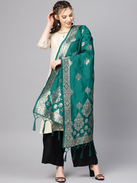 

SUTRAM Women Teal Green & Golden Zari Work Banarasi Dupatta
