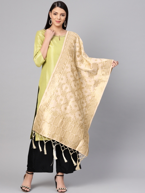 SUTRAM Cream-Coloured & Golden Zari Work Banarsi Dupatta