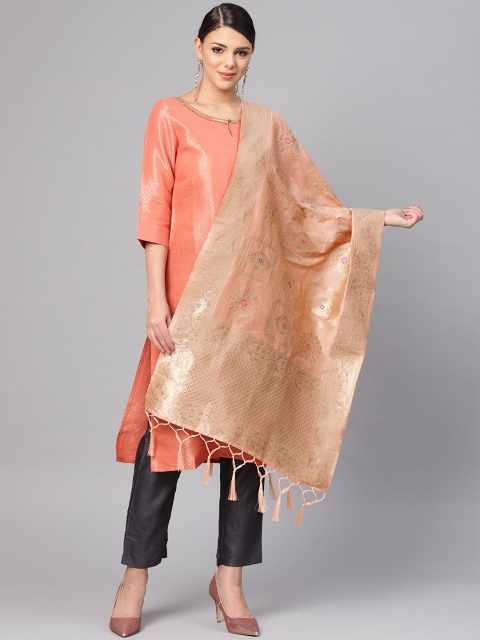 

SUTRAM Peach-Coloured & Golden Zari Woven Design Banarasi Dupatta