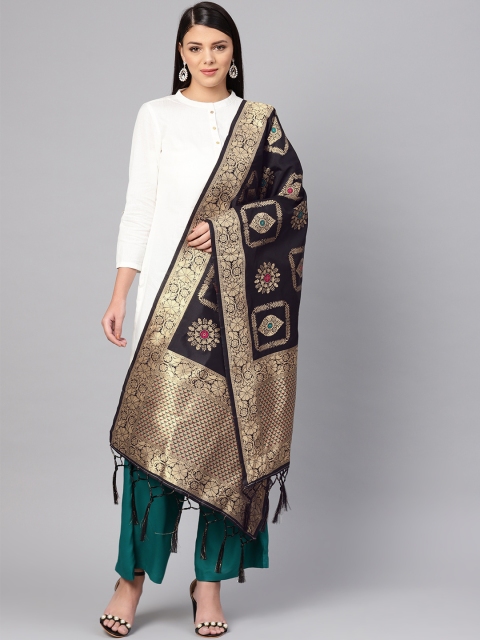

SUTRAM Black & Golden Zari Work Banarasi Dupatta