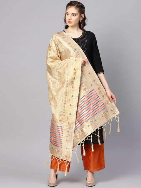 

SUTRAM Cream-Coloured & Golden Zari Woven Design Banarasi Dupatta