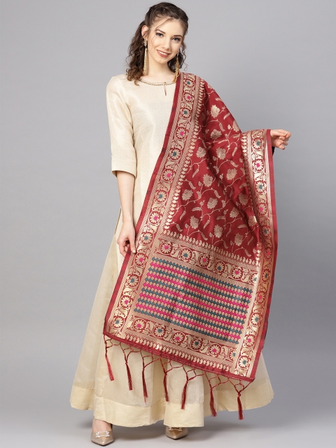 

SUTRAM Maroon & Golden Zari Woven Design Banarasi Dupatta