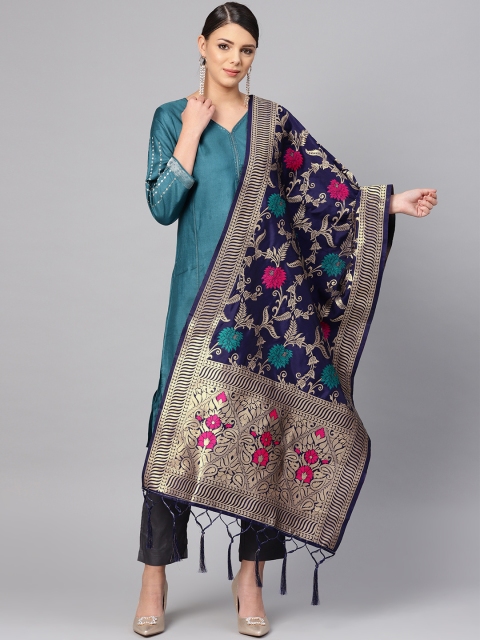 

SUTRAM Navy Blue & Golden Zari Woven Design Banarasi Dupatta