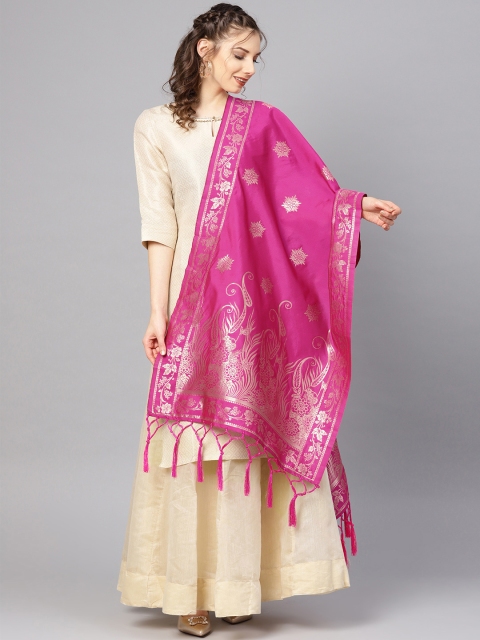 

SUTRAM Pink & Golden Zari Woven Design Banarasi Dupatta