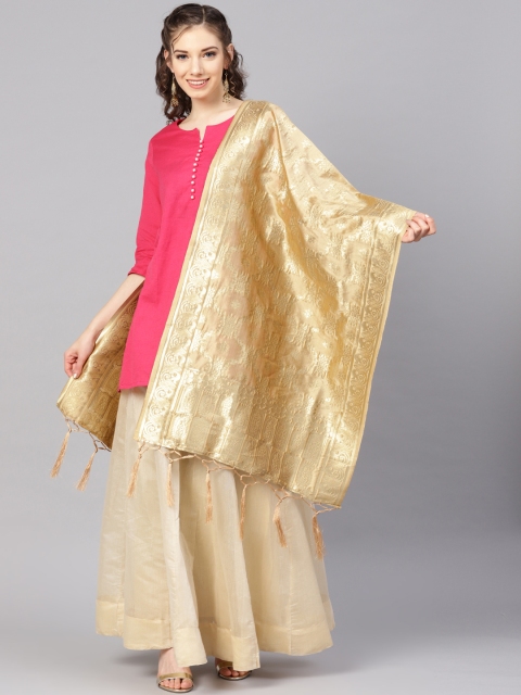 

SUTRAM Beige & Golden Zari Work Banarsi Dupatta
