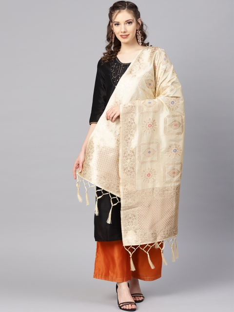 

SUTRAM Cream-Coloured & Golden Zari Woven Design Banarasi Dupatta